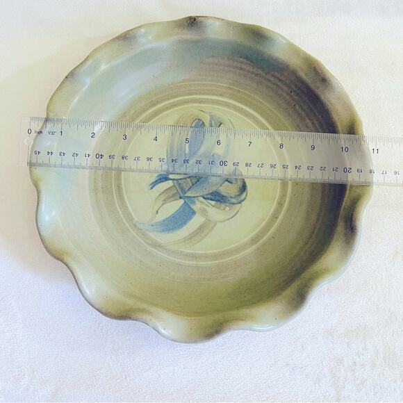 Vtg Signed Studio Stoneware Pottery Pie Plate Dish Pan Ruffled Edge Hand-Made - Picture 4 of 8